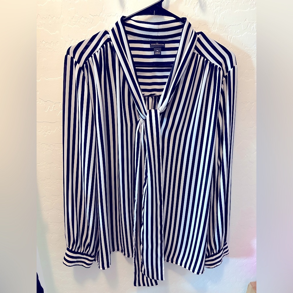 Striped Tie-Neck Blouse - Black & White